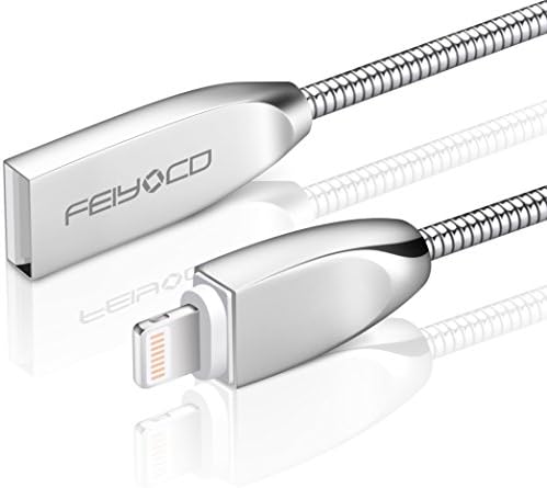 FEIYOLD Latest Metal Durable iPhone Charger, Lightning to USB Cable for iPhone 7/7 Plus/6/6 Plus/6s/6s Plus/5s/5c/5/iPad Pro/Air/Mini – 3.3Feet (Silver)
