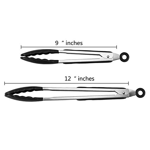 Pinzas-de-Cocina-GWCLEO-Pinzas-para-Barbacoa-en-Acero-Inox-y-Silicona-Pinzas-para-Ensalada-y-Servir-con-Consejos-sin-Rasguos-y-Mangos-de-Cojn-de-Silicona-Anti-DeslizanteNegro-9-y-12-Pulgadas