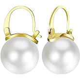 925 Sterling Silver Pearl Dangle Drop Earrings for Women Girls Hypoallergenic 14K Gold Plated Clasp Elegant Jewelry Size 14mm