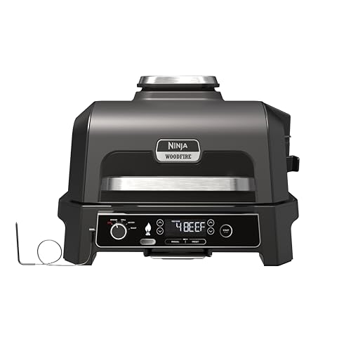 Ninja Woodfire Barbecue Elettrico XL, Griglia Friggitrice ad Aria e Affumicatore 4 in 1 da Esterno, con Termometro a Sonda Digitale, Sistema di Cottura Intelligente Smart Cook, Grigio/Nero, OG850EU