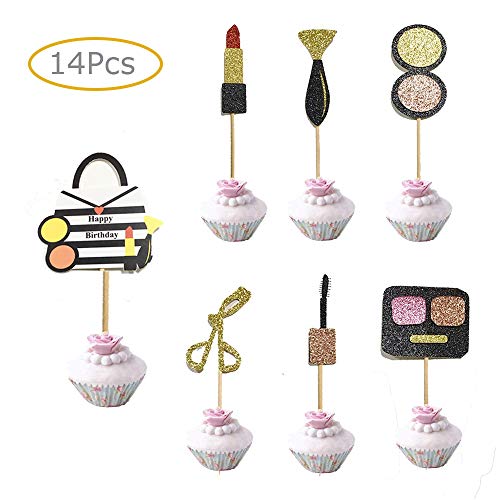 Stechop 2 Set Creative Makeup Cupcake Toppers, Happy Birthday Party Cake Decoration for Girls 18th Birthday Bachelorette Party(14 pcs)