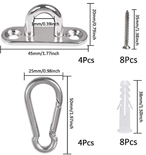 JOYUE Edelstahl Augplatte und Edelstahl Karabiner, Edelstahl Decksplatte Karabinerhaken, Premium Ösenplatte für Sonnensegel, Hängesessel, Wand-Befestigung, Decken-Befestigung, Wand-Haken – Bild 3