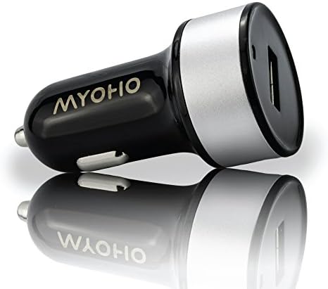 MYOHO 2.4 A 12 W Single Port Universal LightSpeed USB fast Car Charger for rapid charging at 2.4 Amps; smart IC intelligent detection circuit; fastest, most efficient, stylish, compact, high speed with LED for iPhone 6S, iPhone 6S Plus, iPhone 6, iPhone 6 Plus, iPhone 5s, iPhone 5c, iPhone 5, iPhone 4s, iPhone 4; iPad5, iPad Air 2, iPad Air, iPad Mini; iPod Touch, Nano; Samsung Galaxy S5, S4, S3, S2, Galaxy Note 3, Note 2; LG G3, LG G2; Nexus 5, 4, 7, 10; Motorola Droid, Razr, Maxx; Blackberry; Nook; Nokia Lumia 2520; HTC One M8 X V S; other apple, android, windows smartphones, tablets, bluetooth speakers &amp; headsets, all USB powered devices; black with metal band, 1 year warranty
