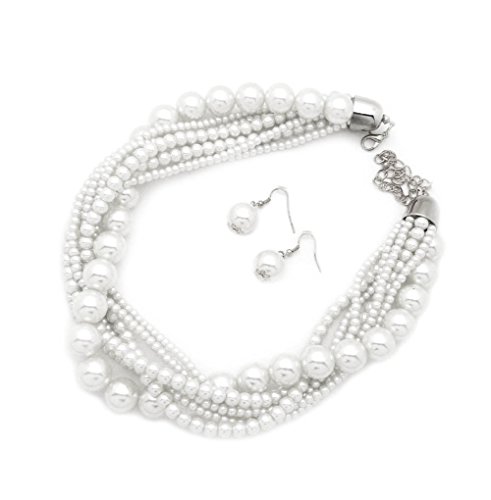 Fashion 21 Women's Twisted Multi-Strand Simulated Pearl, Acrylic Ball Statement Necklace and Earrings Set (White)