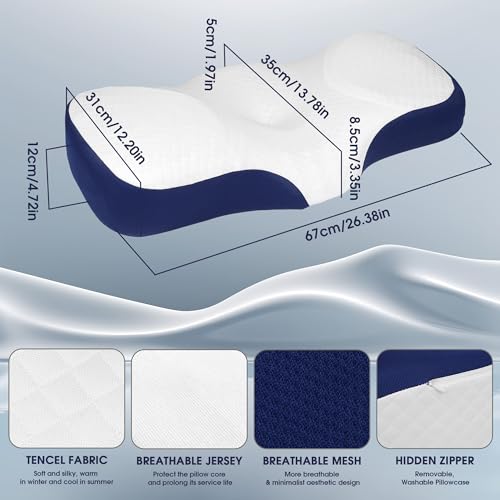 Memory Foam Neck Pillow, Ergonomic Cervical Sleeping Neck Pillow, Neck Support Pillow for Shoulder and Neck Pain Relief, Orthopedic Pillow for Side Sleeping with Washable Cover (a-Navy Blue)