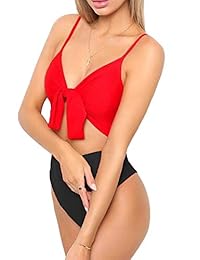 Rvshilfy Trajes de baño de una pieza con correa de espagueti para dama, con nudo de corbata en la parte delantera, cintura alta