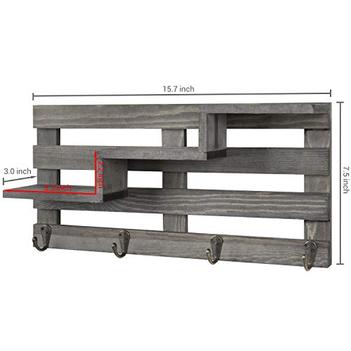 MyGift Vintage Gray Wood Wall-Mounted 3-Tiered Stair Shelf with 4 Key Hooks