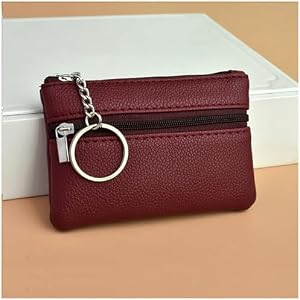 Coin Purse for Women,Small Leather Change Pouch for Men with Zip Key Ring (Dark Red)