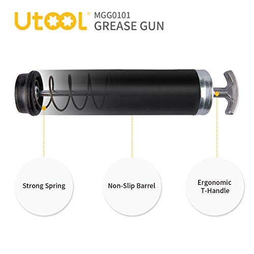 UTOOL Grease Gun, 7000 PSI Heavy Duty Pistol Grip Grease Gun Set with 14 oz Load, 18 Inch Spring Flex Hose, 2 Working Coupler, 2 Extension Rigid Pipe and 1 Sharp Type Nozzle Included Black
