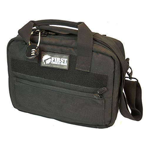 Pistol Case Range Bag for Handguns by FirstChoice Gear - 2 to 4 Gun Padded Tactical Handgun Shooting Soft Case, Lockable Zippers w/Padlock, 3 Mini-Holsters, 8 Mag Slots, 4 Pockets, Range Mat (Black)