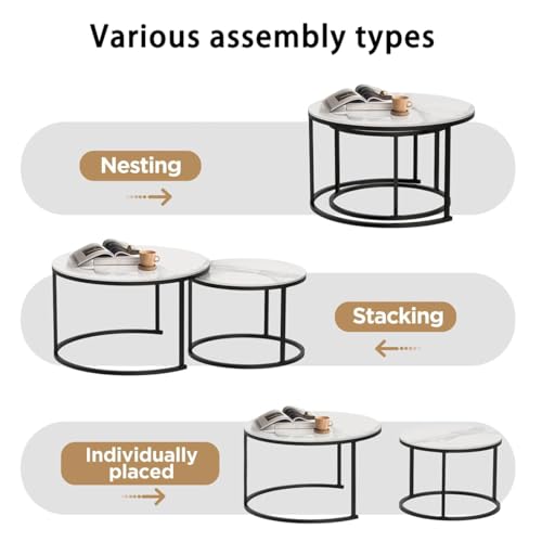 Zucng Nesting Tables Removable Set of 2 End Table, Round Coffee Tables with Gold Metal Frame Legs and Faux Marble Coffee Table Wooden for Living Room, Bedroom, Office, Balcony, Apartment (Brown)
