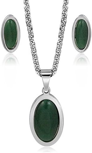 Green Cat Eye Stainless Steel Women Oval Pendant Necklace and Earring Jewelry Set Silver Tone