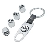 INCART Universal Steel (4pcs) Car Tire Valve Stem Air Caps Cover + (1pcs) Keychain for VW Volkswagen Silver