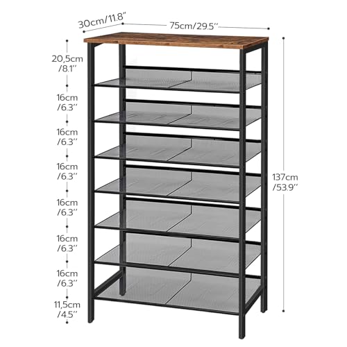 HOOBRO Vertical Shoe Racks for Entryway, 8 Tier Tall Shoe Storage Shelf for Small Space, Narrow Shoe Racks for Bedroom, Industrial Shoes Rack Organizer, 21-24 Pairs of Shoes, Rustic Brown EBF18XJ01