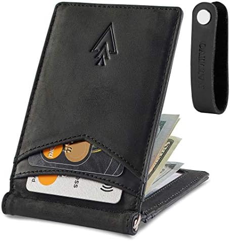Men's Leather RFID Money Clip Slim Wallet with Leather Keychain