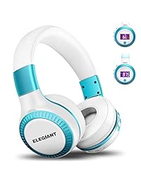ELEGIANT Audífonos sobre oreja inalámbricos Bluetooth con micrófono y modo con cable, HiFi estéreo, audífonos ajustables y plegables con control de volumen, soporte para tarjeta TF, función FM, pantalla LCD grande, Blanco Azul