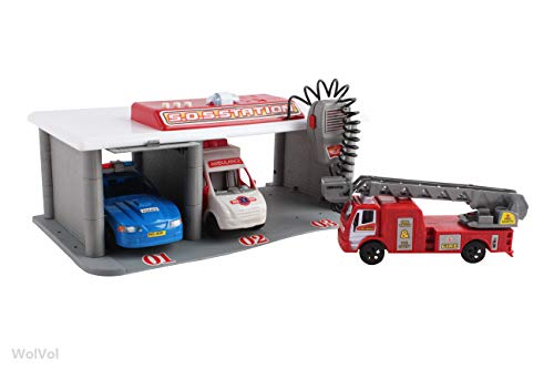 WolVol Emergency 3-Vehicle Garage - Portable Utility Vehicle Station w/ Pretend Radio - Ideal Gift for Boys & Girls