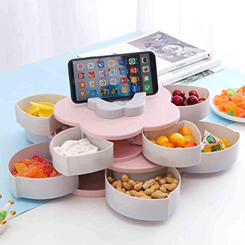 Double-layer Rotating Snack Plate,10 Grid Flower Design Candy Food Storage Box,Dried Fruit Melon Seeds Tray,Non-slip Silicone Bottom,Mobile Phone Stand Function