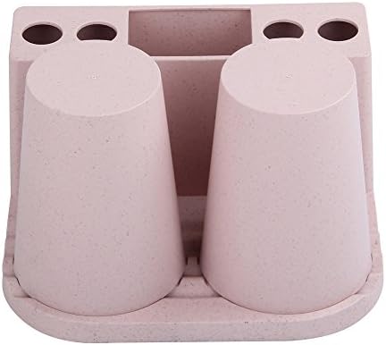 Royoma Toothbrush Toothpaste Stand Holder with 2 Rinse Cup,Wheat Straw (Pink)