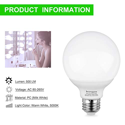 Innqoo G25 LED Bulb, Vanity Lights Bulb E26 Base, Equivalent 50W Incandescent Bulb Daylight White 5000K for Bathroom Makeup Mirror Lamp,Non-dimmable Globe Led Light Bulbs 4 Packs