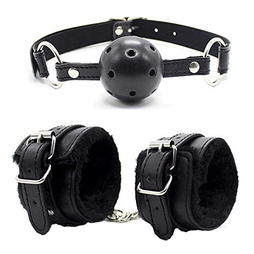 Open Breathable Mouth Ball and Handcuffs Wrist Cuffs for Women Men Black