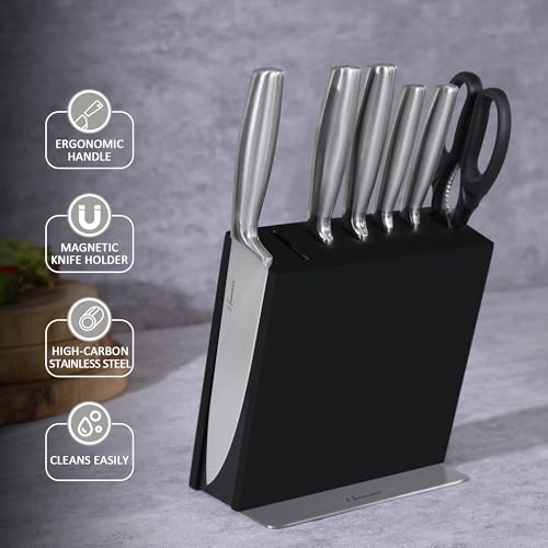 Hanmaster Kitchen Knife Set, 7pcs Knife Set for Kitchen with Magnetic Block, High Carbon X50CrMoV15 Steel Ultra Sharp Knives & Shears, Space-Saving for Home & Professional Use