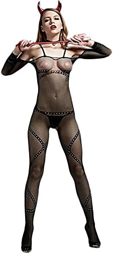 Myhope Women Lingerie Fishnet Bodystocking Long Sleeve Pantyhose Open Crotch Sleepwear Bodysuit