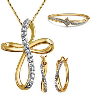 Gorgeous 0.27 Carat Diamond Accent 3 Piece Criss Cross Hoop Necklace Earrings &amp; Bangle Set In 14K Yellow Gold Plated