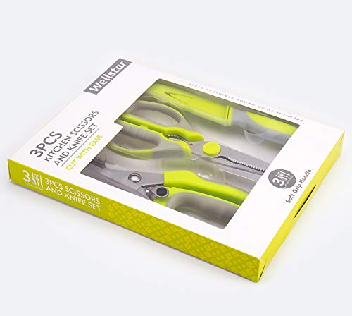 Kitchen Scissors 3-Piece Set WELLSTAR, Spring Loaded Poultry Shears, Heavy Duty Multipurpose Chicken Scissors, Ultra Sharp Utility Knife with Safety Blade Cover, Stainless Steel Kitchen Shears Set