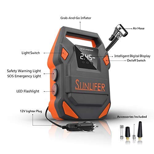 Sunlifer Digital Tire Inflator, 12V Portable Air Compressor, 150 PSI Auto Tire Pump with Bright Flashlight, SOS Emergency Light and Carry Handle for Car, Motorcycle, Bike and Other Inflatable (Orange) - Thumbnail 3
