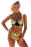 Sisiyer Women's African Geometric Print Cut Out High Waist 2PCS Bikini Swimsuit