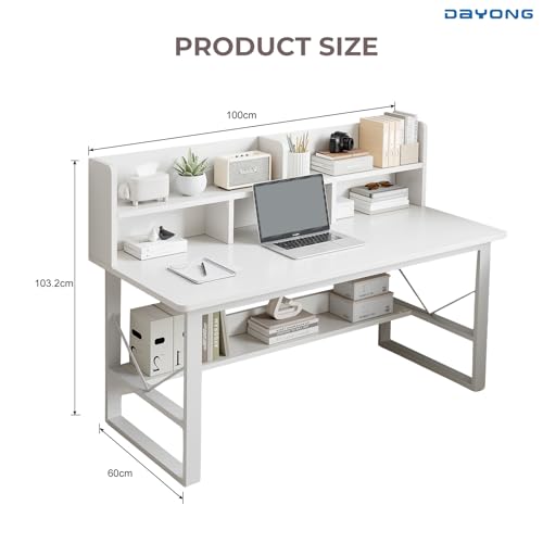 DAYONG Modern Minimalist Study Desk with Bookshelf, 100CM Computer Table with Multi-Level Storage, PC Gaming Workstation Home Office Writing Desks (White-100cm)