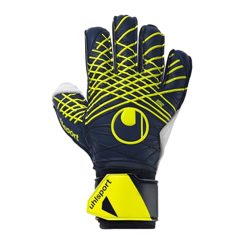 uhlsport Football Goalkeeper Gloves Prediction Soft Flex Frame - Goalkeeper Gloves for Children and Adults with Finger Protection, Navy/White/Neon Yellow