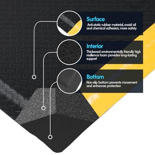 GOOFCXO 3ft x 5ft Anti Fatigue Mat, 15/16" Thick Industrial Grade Anti-Fatigue Floor Mat, Heavy Duty Diamond Plate Ergonomic Standing Mat for Kitchen Office Gym, Black with Yellow Border