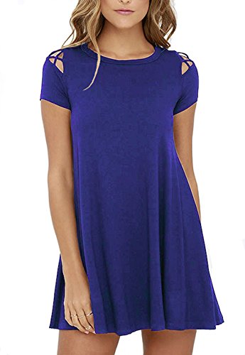 Women's Summer Swing Dress Cold Shoulder Tunic Dresses Blue S