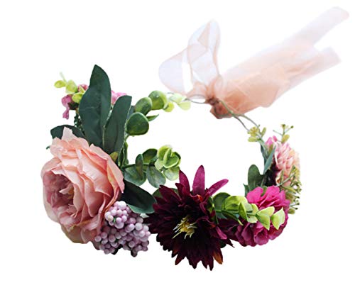 Vivivalue Boho Flower Crown Adjustable Flower Headband Hair Wreath Floral Headpiece Halo with Ribbon Wedding Party Festival Photos Pink