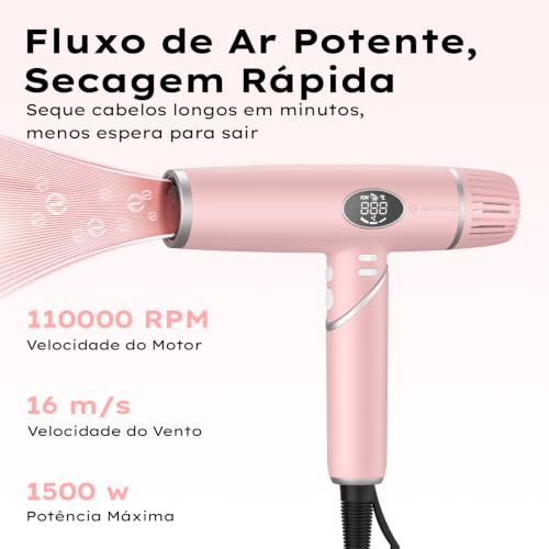 GOKOCO Secador de Cabelo Dobrável de Alta Velocidade,Bivolt,GD045 Motor Brushless 110.000 RPM,Íons Negativos,4 Temperaturas,3 Velocidades,com Difusor e Bicos Modeladores para Viagem,Ouro