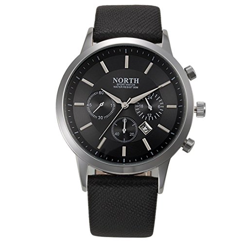 FUNIC Men's Watch, Sports Luxury Mens Genuine Leather Band Analog Quartz Watches (Black)