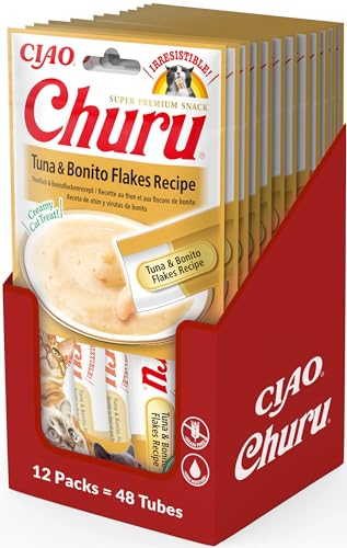 Ciao Churu Sticks by INABA Cat Treat -Tuna & Bonito Flakes Flavour (48 x 14g) / Soft & Creamy Treat, Delicious & Healthy Snack, Puree Food Topper, Pill Assist, Natural, Grain Free, Wet Cat Food