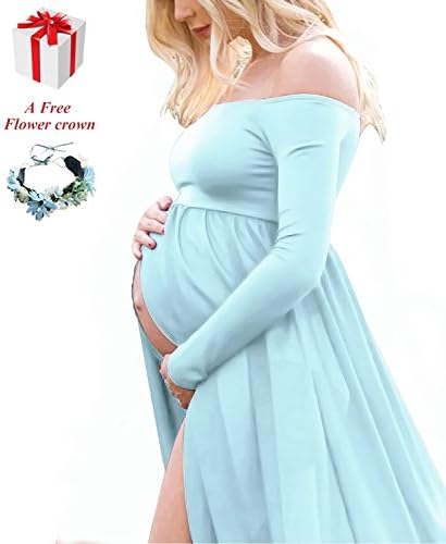 Maternity Photography Chiffon Gown Off Shoulder Long Sleeve Split Front Maxi Dress for Photoshoot (Small, Light Blue)