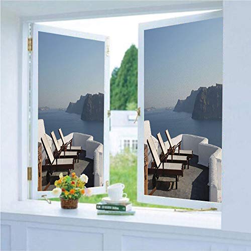 Decorative Privacy Window Film/Sunlounger at Terrace in Santorini Greece Resort Relaxation Aegean/No-Glue Self Static Cling for Home Bedroom Bathroom Kitchen Office Decor Light Blue White Brown