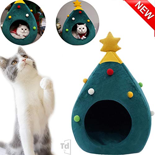 Christmas Tree Cat House – Cat Furniture Idea Cute Cat Cave Bed,Soft Kitty Cat Teepee House Christmas Warm Cat Bed for Winter,Cozy Cat Condo House for Pet Lovers Xmas Gift (Small)