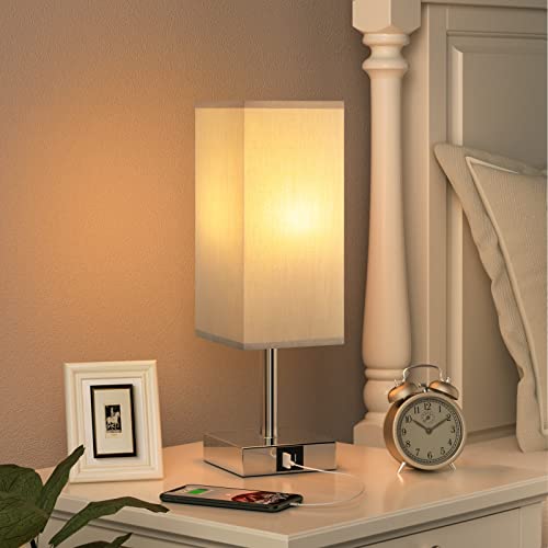 Aooshine Bedside Lamps, Touch Control Table Lamp with USB A+C Charging Ports, Lamps 3 Way Dimmable, for Bedroom Living Room-Grey Fabric Shade (LED Bulb Included)