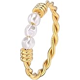 Kokoma Pearl Twisted Ring for Women Minimalist Stainless Steel Finger Band Dainty Pearls Stacking Rings Bands Statement Wedding Jewelry