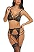 wearella Women Lace Lingerie Set with Garter Belt Strap Bra and Panty Babydoll Black X-Large