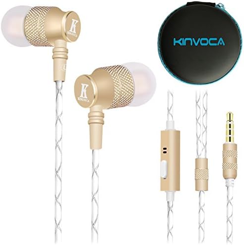 KINVOCA Wired Metal In Ear Headphones With Carrying Case Noise Isolating Earbuds Stereo Bass Earphones With Mic and Remote (Gold)