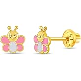 14k Yellow Gold Small Pink & White Enamel Butterfly Earrings for Toddler Girls - Delicate and Unique Tiny Bug Screw Back Girl Earrings