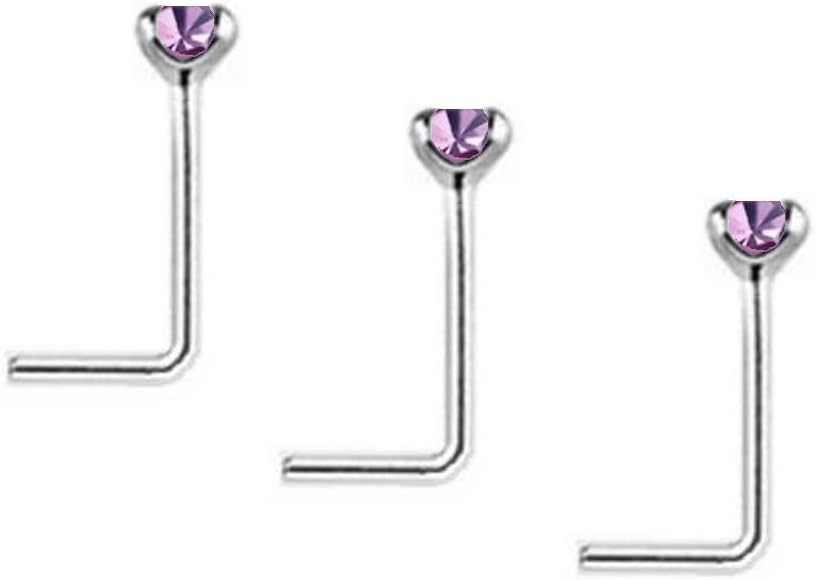 SET OF 3, PURPLE Crystal L SHAPE Nose Studs STERLING SILVER Thin 0.6mm Bar CHOOSE CRYSTAL SIZE: 1.2mm 1.5mm 2mm or 2.5mm