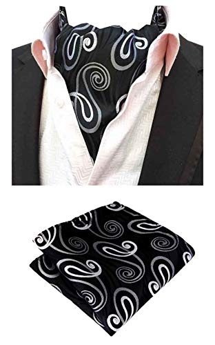 MOHSLEE Mens Black White Paisley Cravat Formal Ascot Scarf Tie Pocket Square Set