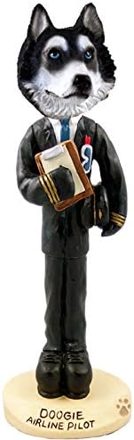 Husky Black &amp; White w/Blue Eyes Airline Pilot Doogie Collectable Figurine
